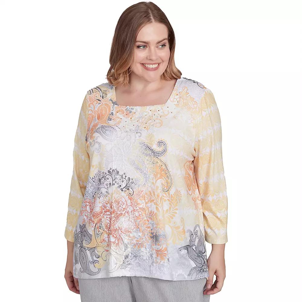 Plus Size Alfred Dunner Square Neck Paisley Geometric Top, Women's, Size: 1XL, Yellow Team Product Image