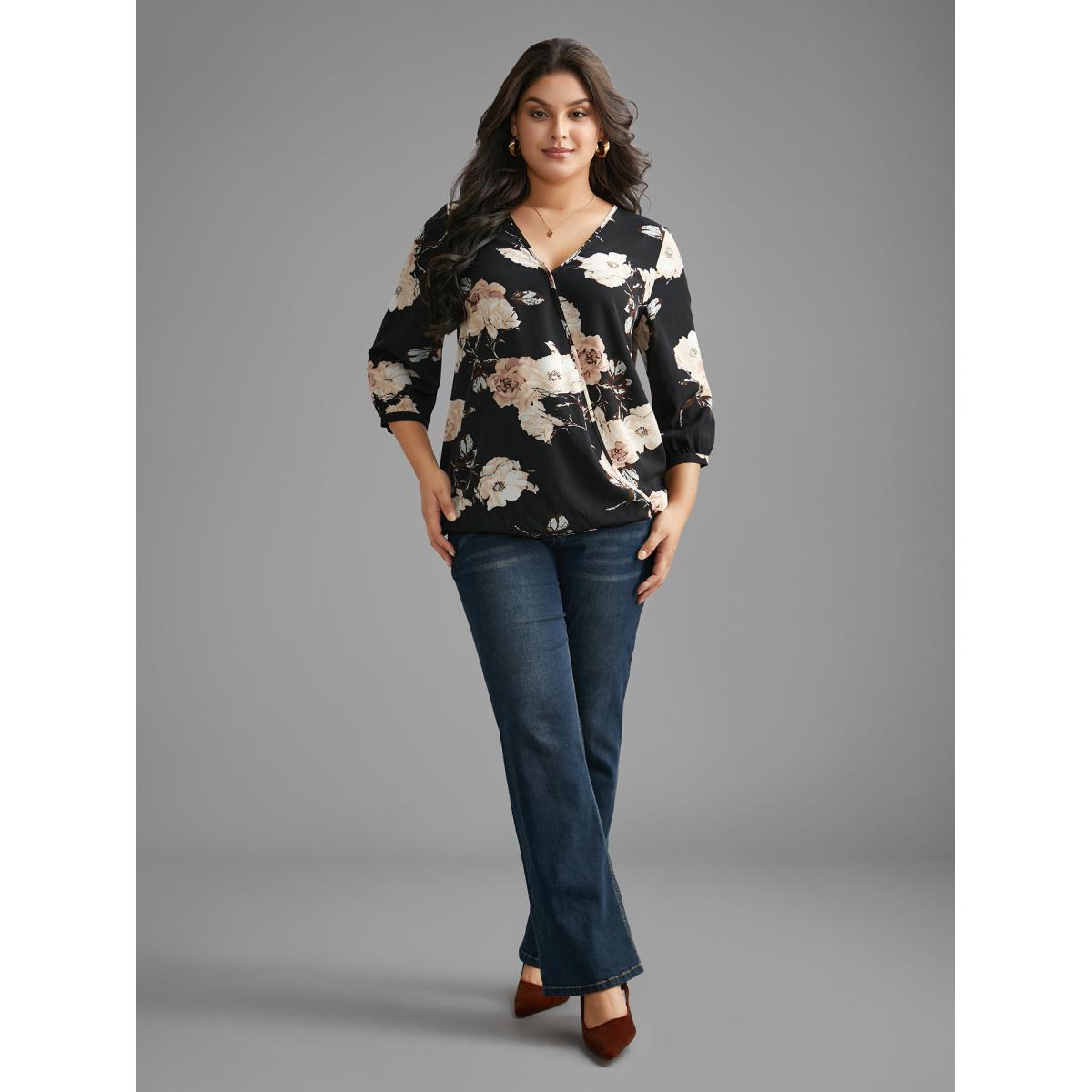 Plus Size Black Overlap Collar Floral Print Blouse Women Elegant Elbow-length sleeve Overlap Collar Everyday Blouses BloomChic 30/6X Product Image