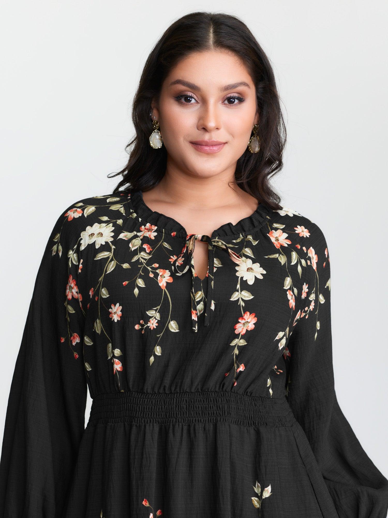 Floral Shirred Waist Neck-Tie Midi Dress Female Product Image