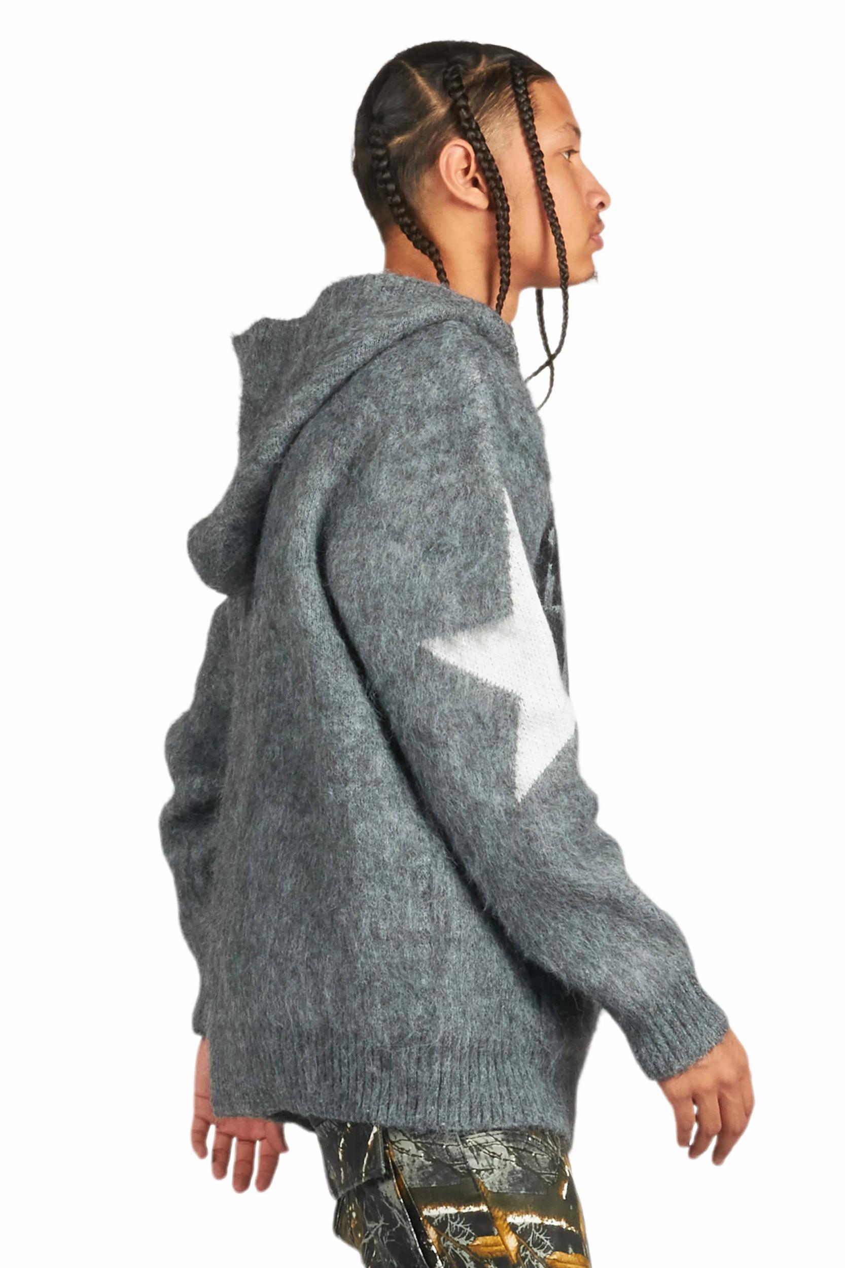 States Grey Graphic Knitted Mohair Hoodie Male Product Image