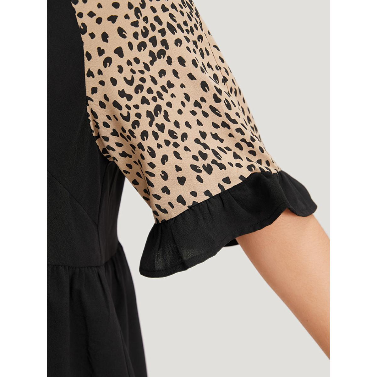 Plus Size Multicolor Leopard Print Raglan Sleeve Gathered Ruffle Trim Blouse Women Elegant Half Sleeve V-neck Dailywear Blouses BloomChic 18-20/2X Product Image