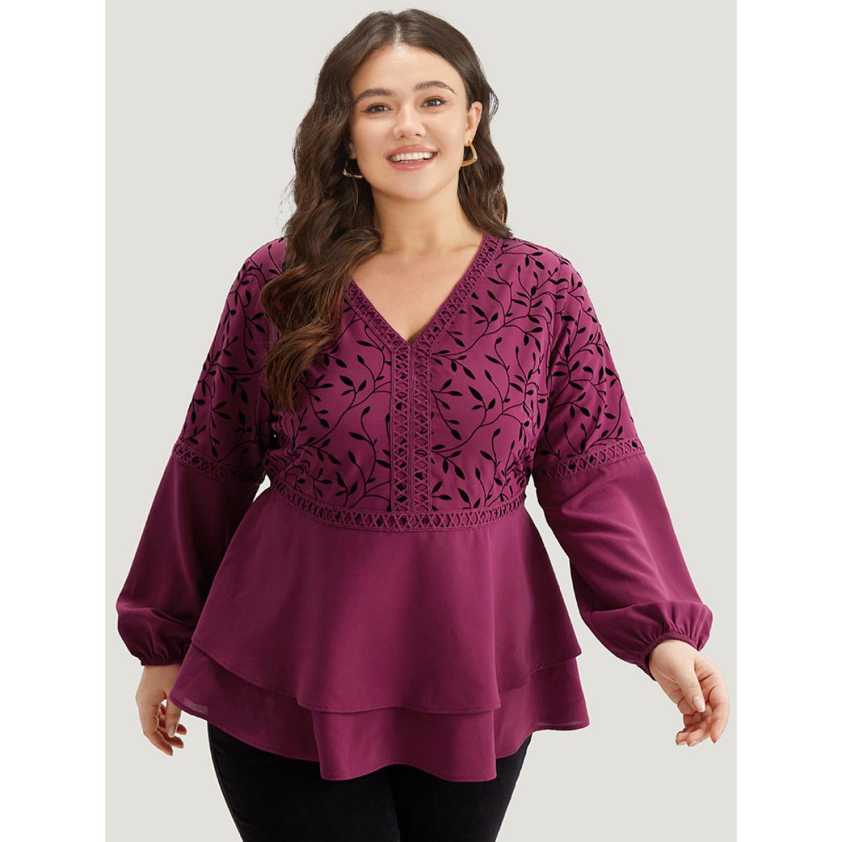 Plus Size RedViolet Silhouette Floral Print Lace Patchwork Layered Hem Blouse Women Elegant Long Sleeve V-neck Dailywear Blouses BloomChic 26/4X Product Image