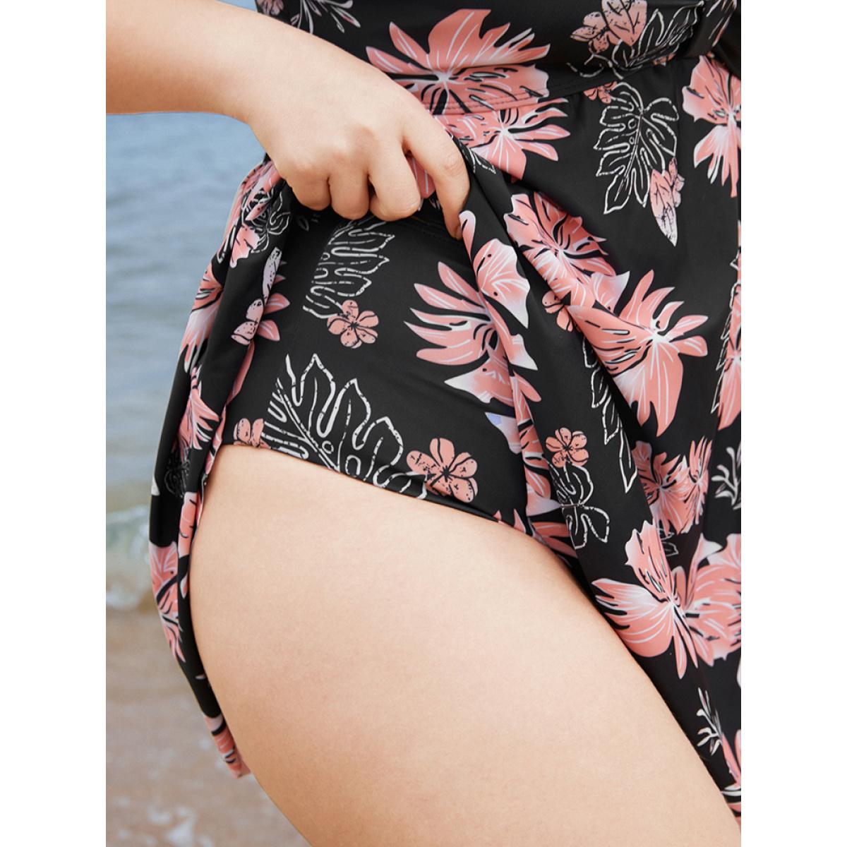 Plus Size Floral Print Gathered Adjustable Straps Swim Dress Women's Swimwear BlackFlower Vacation Bodycon Spaghetti Strap High stretch Curve Swim Dresses BloomChic 30/6X Product Image