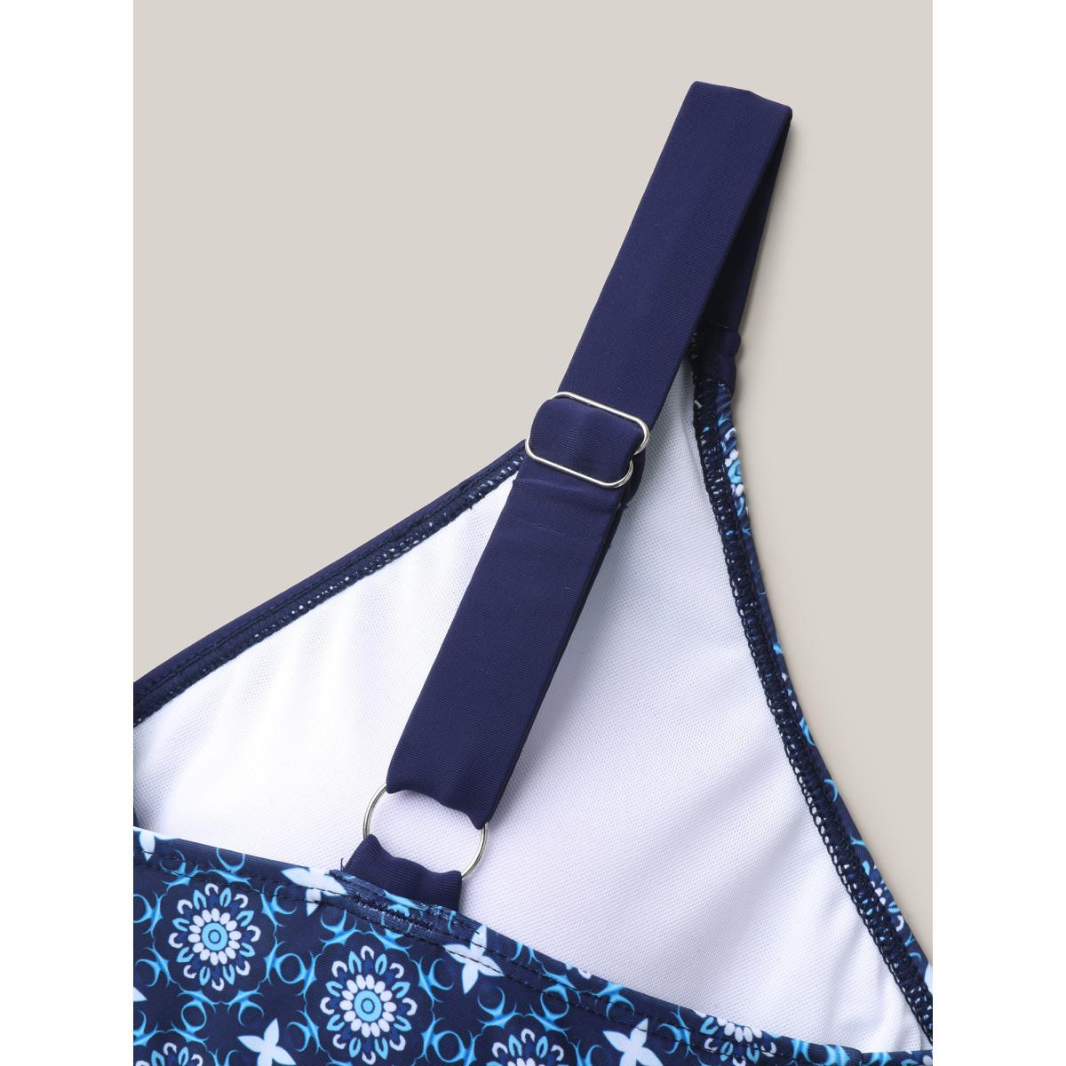 Plus Size Boho Print Spliced Surplice Neck Swim Dress Women's Swimwear Indigo Beach Bodycon Overlap Collar High stretch Curve Swim Dresses BloomChic 12/L Product Image