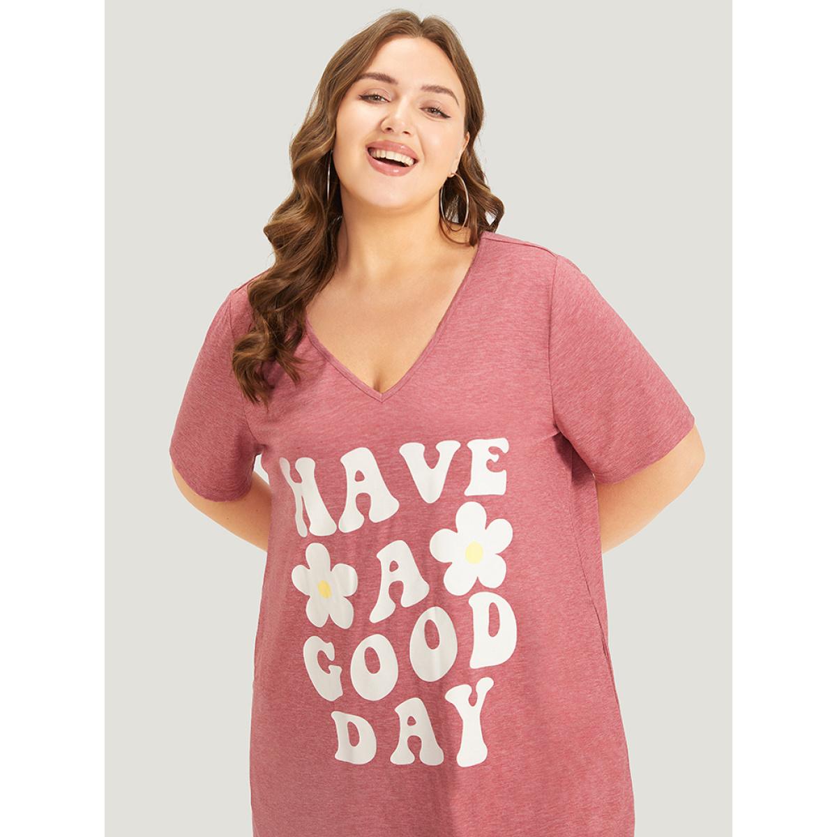 Plus Size Supersoft Essentials Letter & Floral Print V Neck Curved Hem Dress DustyPink Women Casual Plain Curvy Midi Dress BloomChic 28/5X Product Image