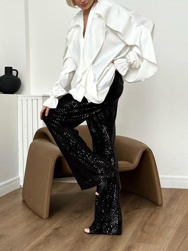 Loose Puff Sleeves Solid Color Split-Joint Tiered V-Neck Blouses&Shirts Tops Product Image