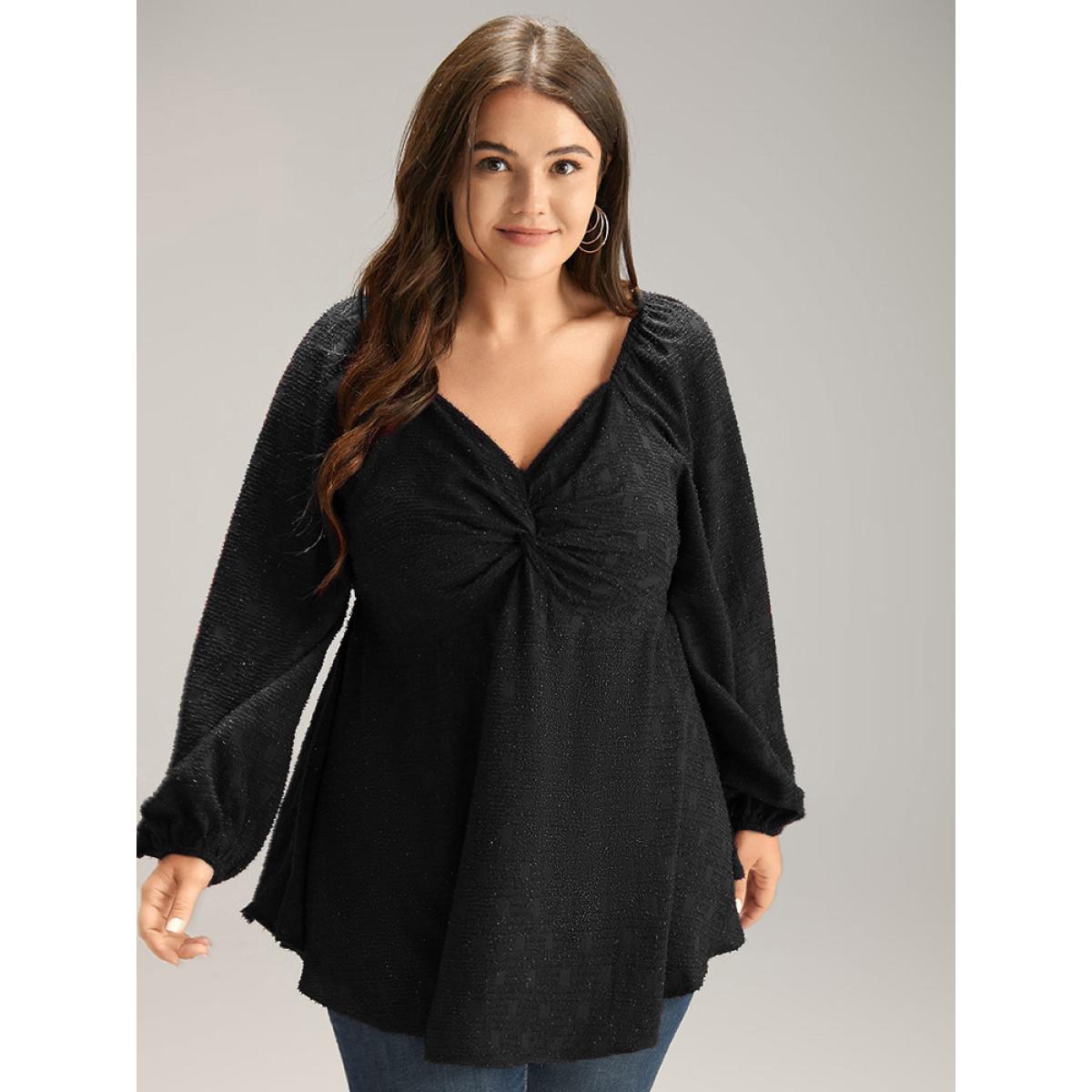 Plus Size Black Solid Glitter Twist Front Gathered Blouse Women Cocktail Long Sleeve V-neck Party Blouses BloomChic 28/5X Product Image