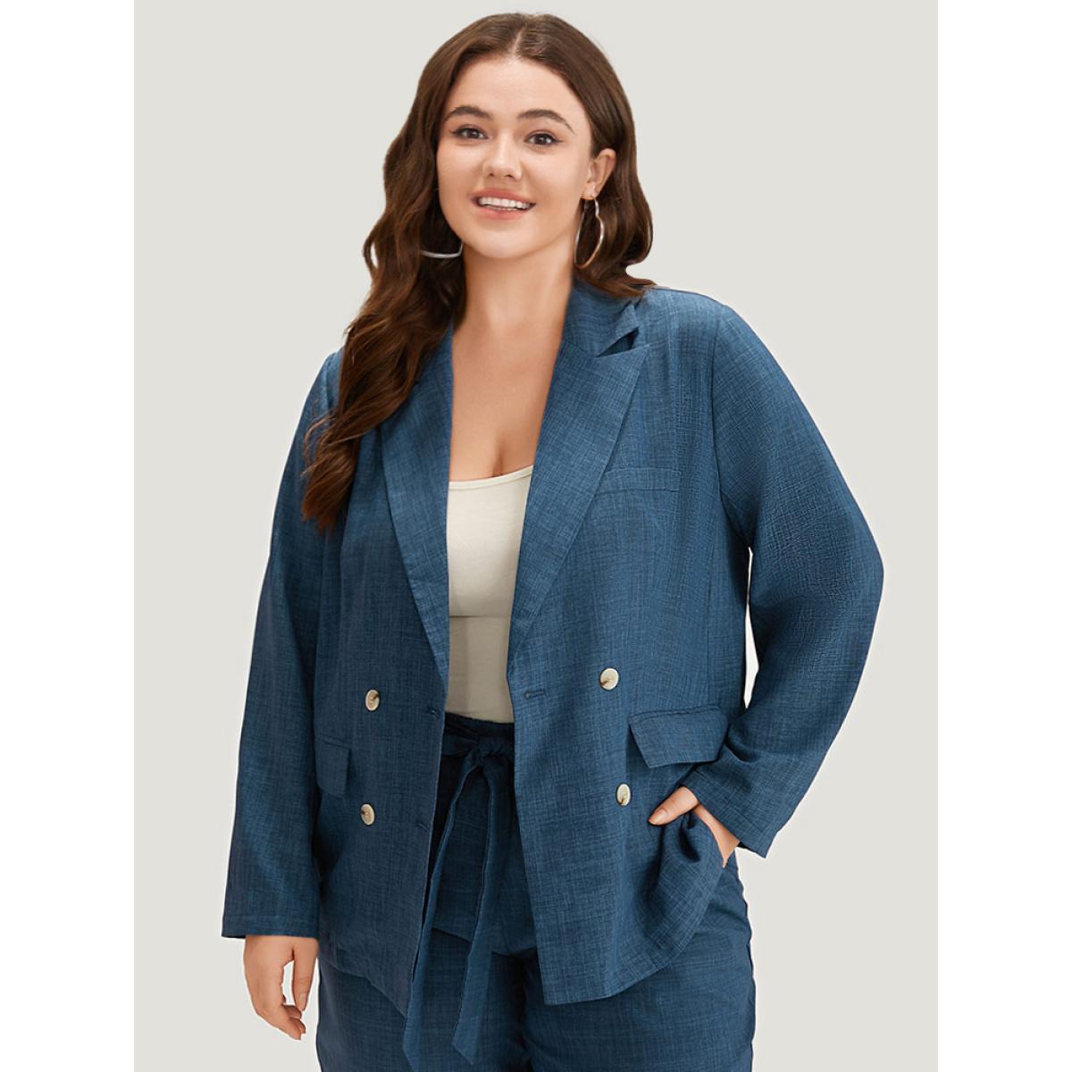 Plus Size Solid Double Breasted Suit Collar Flap Pocket Blazer Indigo Women Office Plain Texture Sleeve Long Sleeve Suit Collar 10/M Pocket At the Office Blazers BloomChic Product Image