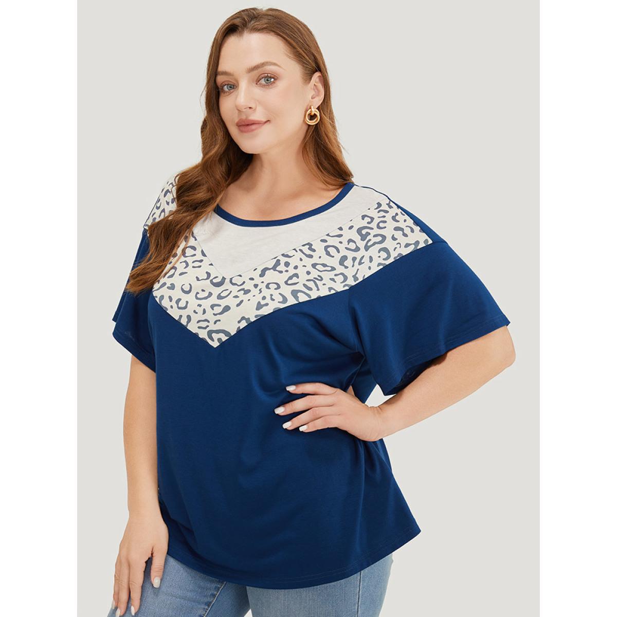 Plus Size Leopard Contrast Batwing Sleeve Patchwork T-shirt Indigo Women Casual Contrast Colorblock Round Neck Dailywear T-shirts BloomChic 30/6X Product Image