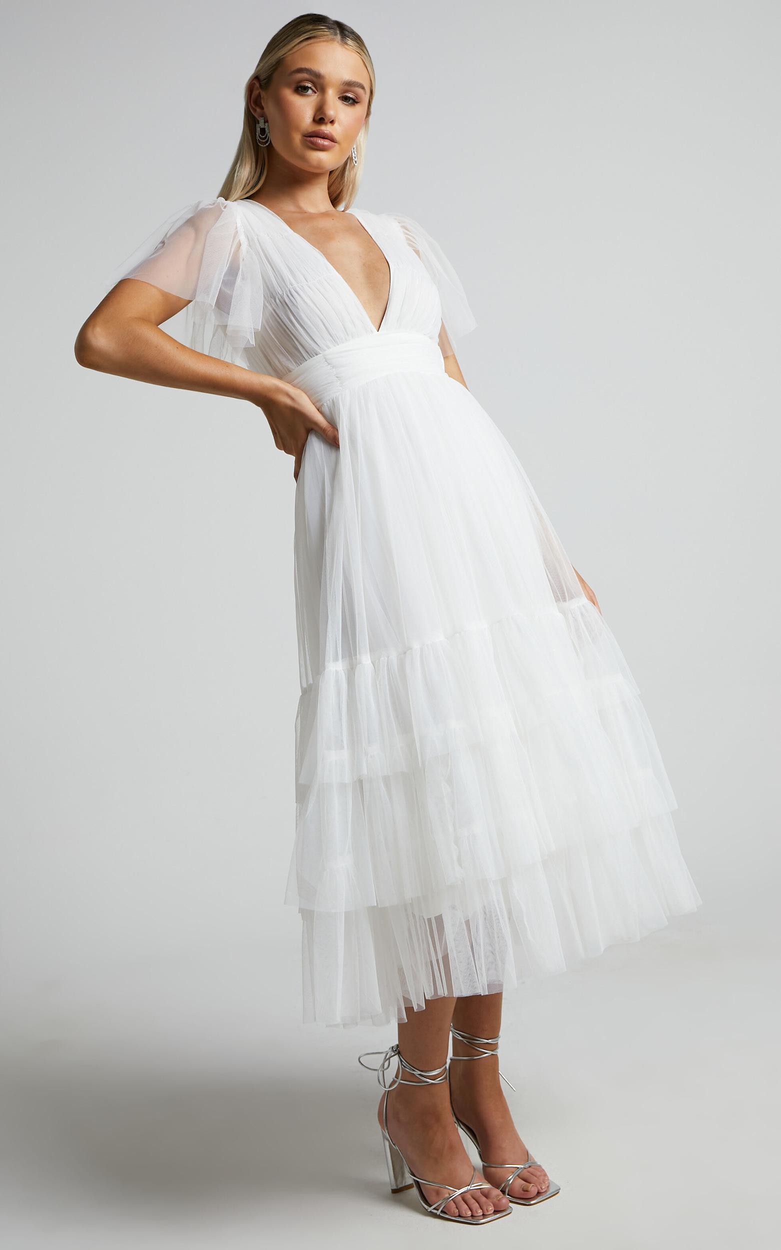 Jiraye Midi Dress - Flutter Sleeve Tuelle Plunge Dress in White Product Image