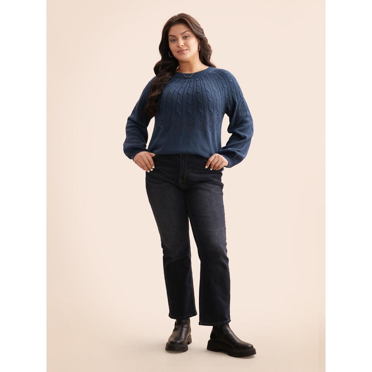 Plus Size Texture Cable Knit Lantern Sleeve Pullover Indigo Women Casual Loose Long Sleeve Round Neck Everyday Pullovers BloomChic 30/6X Product Image