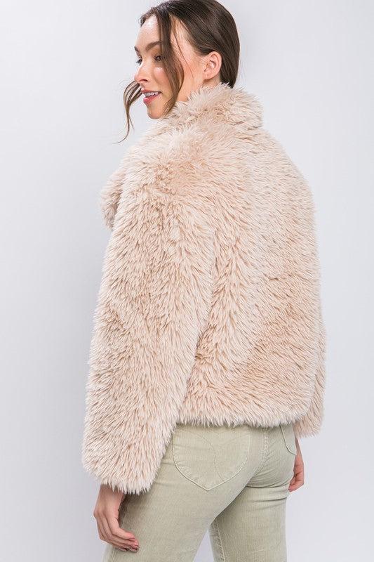 Taupe Mid Length Faux Fur Open Front Jacket (Small to Large) Product Image