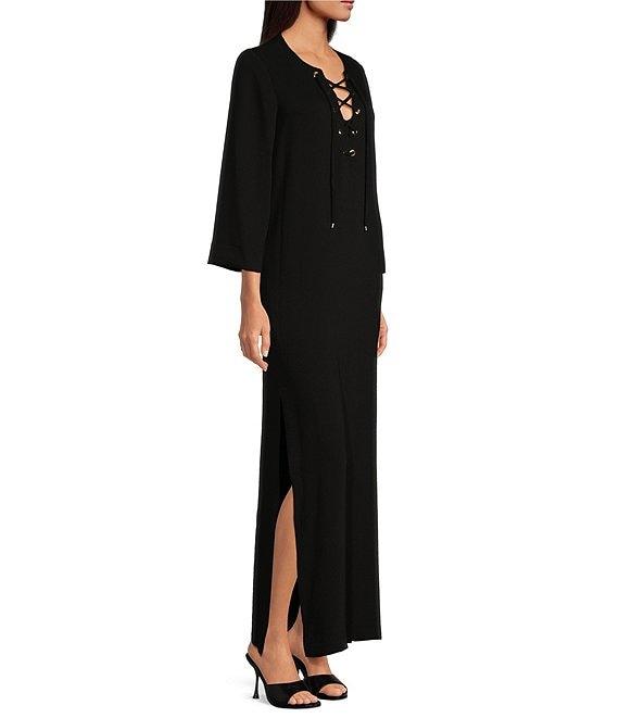 Trina Turk Catamaran Double Georgette V-Neck 3/4 Sleeve Grommet Lace-Up Shift Dress Product Image