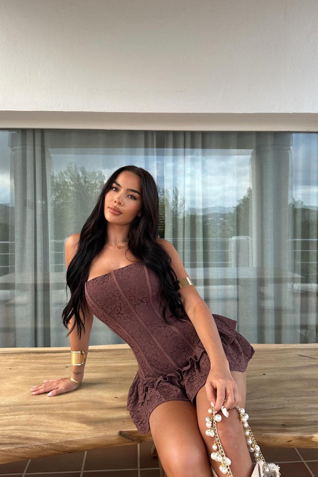 Lavish and Lovely Lace Mini Dress - Chocolate Product Image