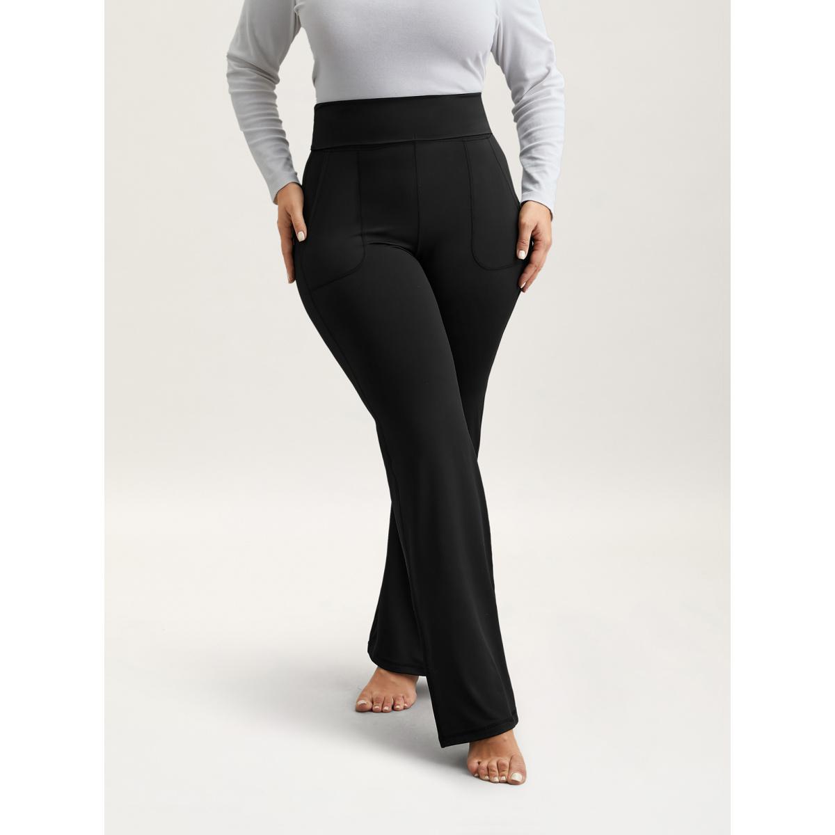 Plus Size Ruched Wide Waist Pockets Tight Pants Women Black Elegant High stretch Bootcut Mid Rise Everyday Leggings BloomChic 22-24/3X Product Image