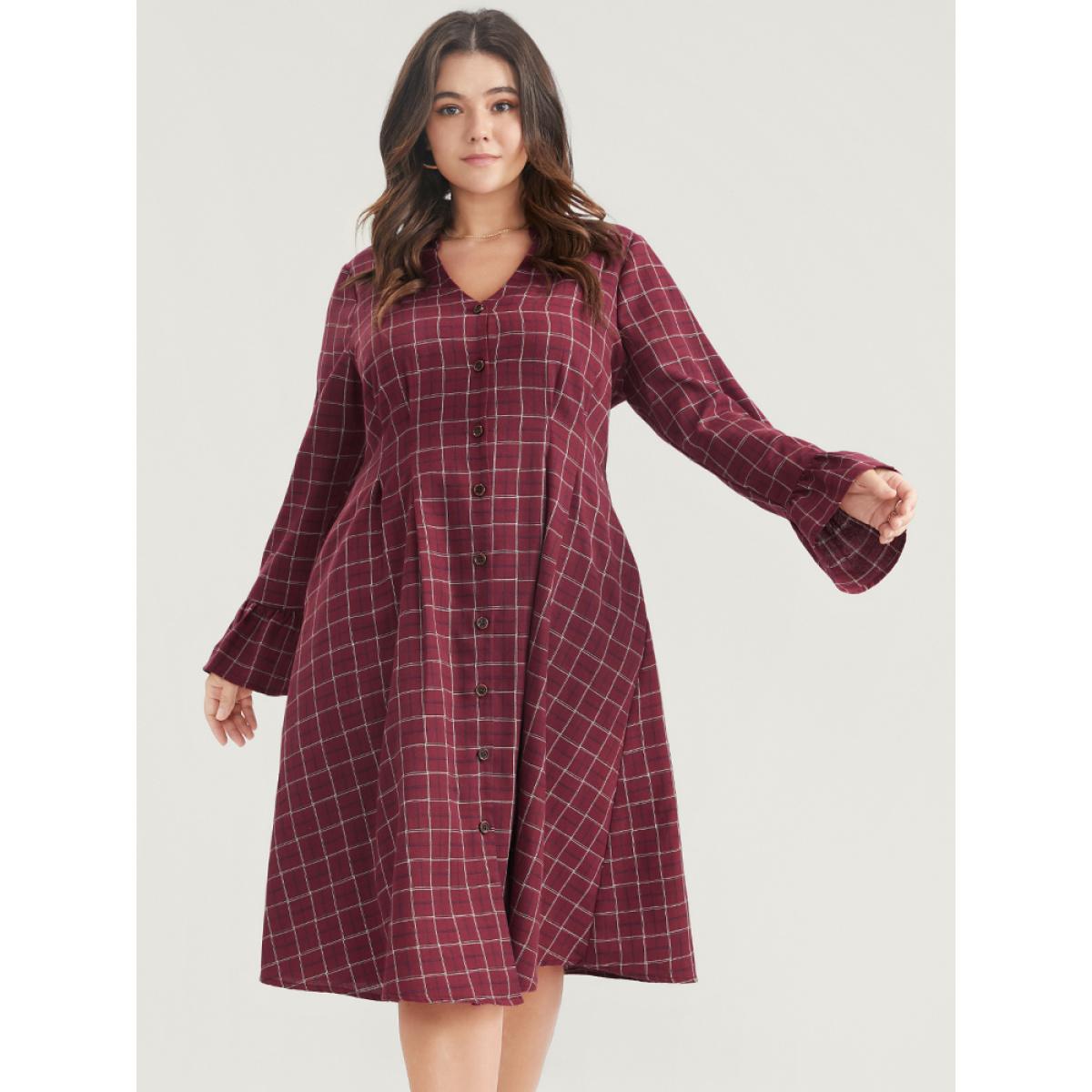 Plus Size Gingham Pocket Button Up Bell Sleeve V Neck Dress Without Belt Russet Women Office Button V-neck Long Sleeve Curvy Midi Dress BloomChic 30/6X Product Image
