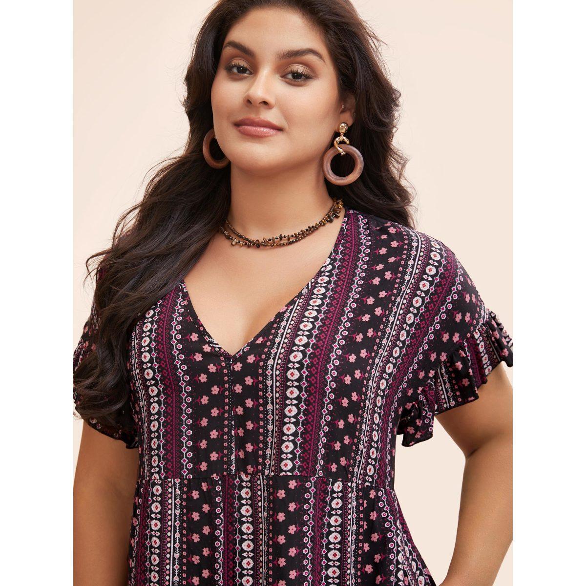 Plus Size Bandana Print Pocket V Neck Ruffle Sleeve Dress Purple Women Vacation Printed V-neck Short sleeve Curvy Midi Dress BloomChic 30/6X Product Image