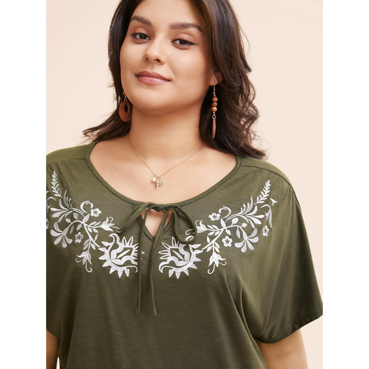 Plus Size Floral Embroidered Tie Knot Dolman Sleeve T-shirt ArmyGreen Women Resort Tie knot Art&design V-neck Vacation T-shirts BloomChic 26/4X Product Image
