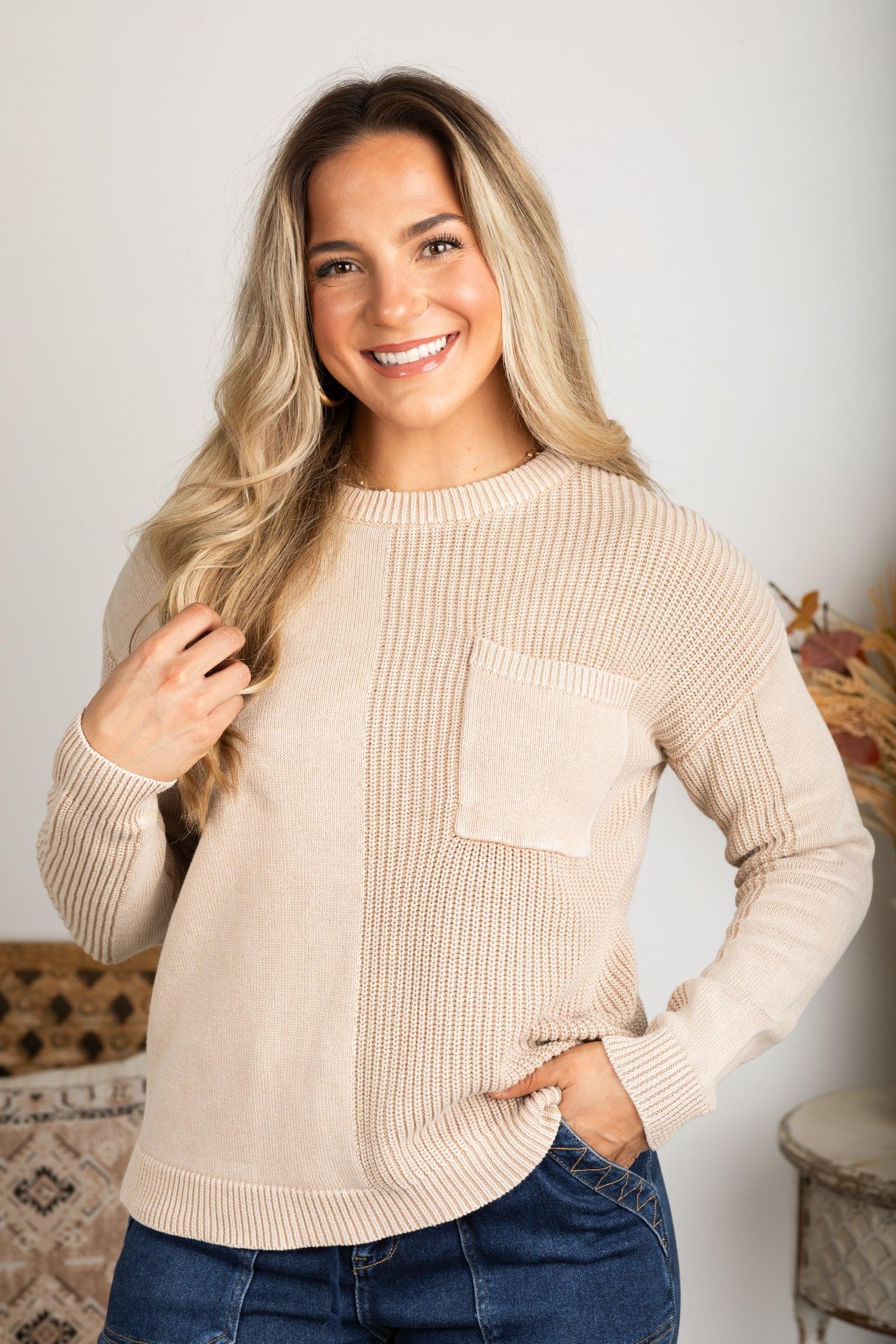 Washed Waffle Knit Sweater With Pocket Product Image