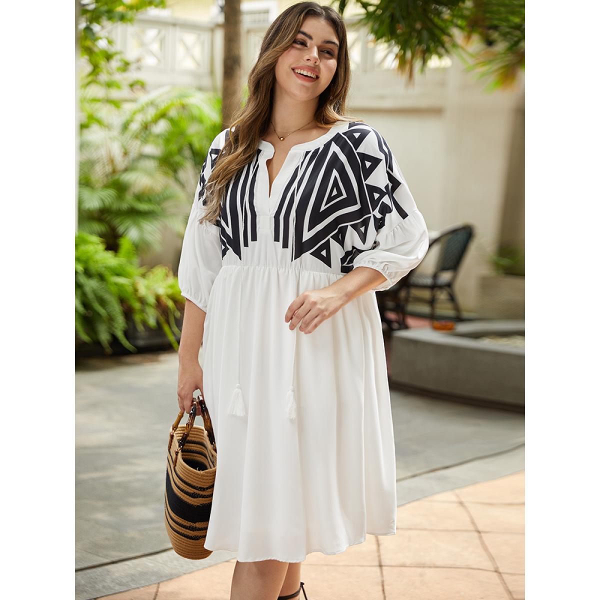 Plus Size Geometric Print Notched Ties Tassels Elastic Cuffs Dress White Women Vacation Elastic cuffs Notched collar Elbow-length sleeve Curvy Midi Dress BloomChic 30/6X Product Image