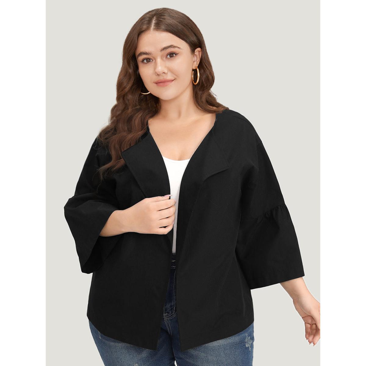 Plus Size Halloween Plain Lapel Collar Ruffle Trim Open Front Jacket Women Black Casual Gathered Dailywear Kimonos BloomChic 28/5X Product Image