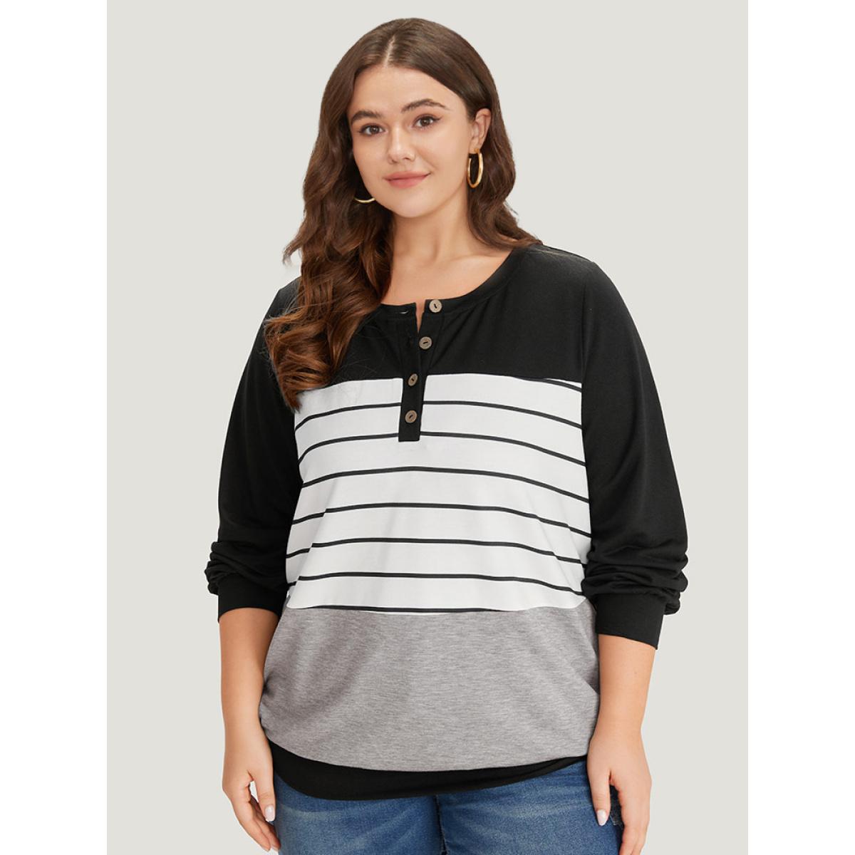 Plus Size Striped Contrast Button Up Elastic cuffs Sweatshirt Women Multicolor Casual Elastic cuffs Open Front Dailywear Sweatshirts BloomChic 28/5X Product Image