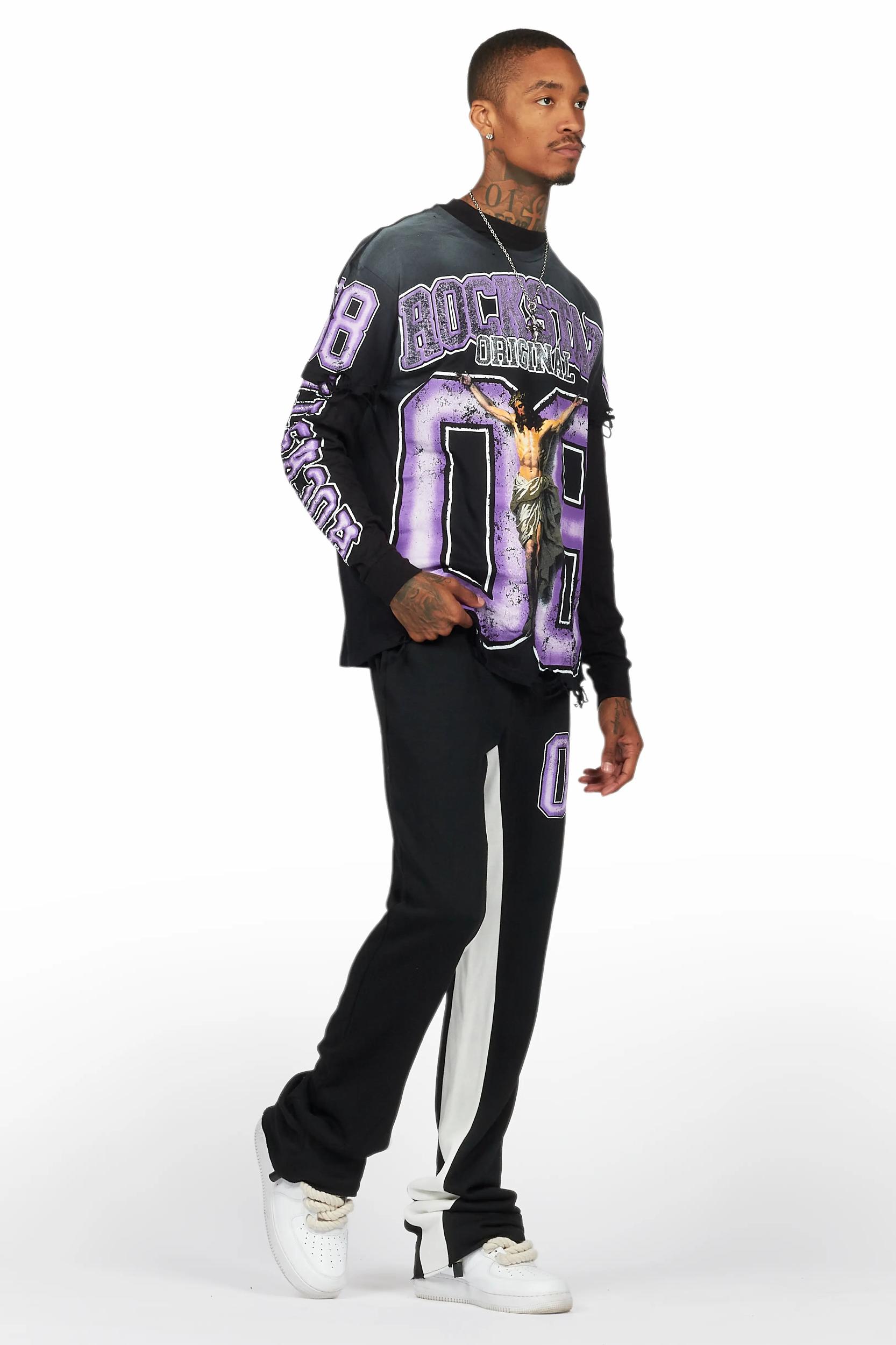 Fields Black/Purple Double Layer T-Shirt/Stacked Baggy Track Pant Set Male Product Image