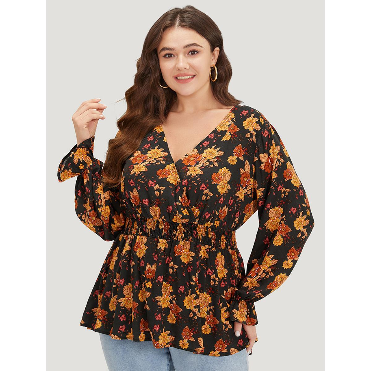 Plus Size Indigo Floral Print Wrap Shirred Lantern Sleeve Blouse Women Vacation Long Sleeve V-neck Dailywear Blouses BloomChic 26/4X Product Image