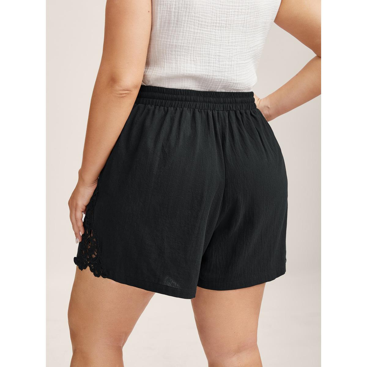 Plus Size Lace Trim Waist Drawstring Shorts Women Black Boho Vacation Shorts BloomChic 18-20/2X Product Image