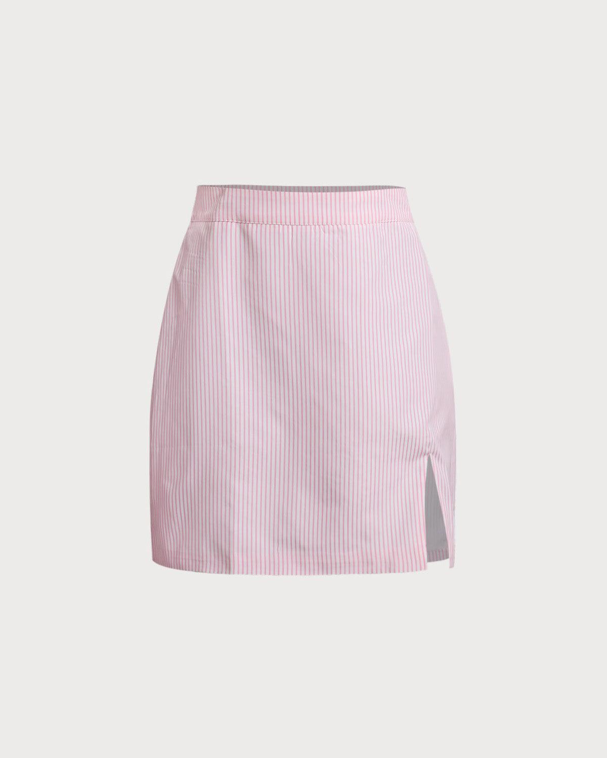 Pink Striped Shirt Skirt Sets Product Image