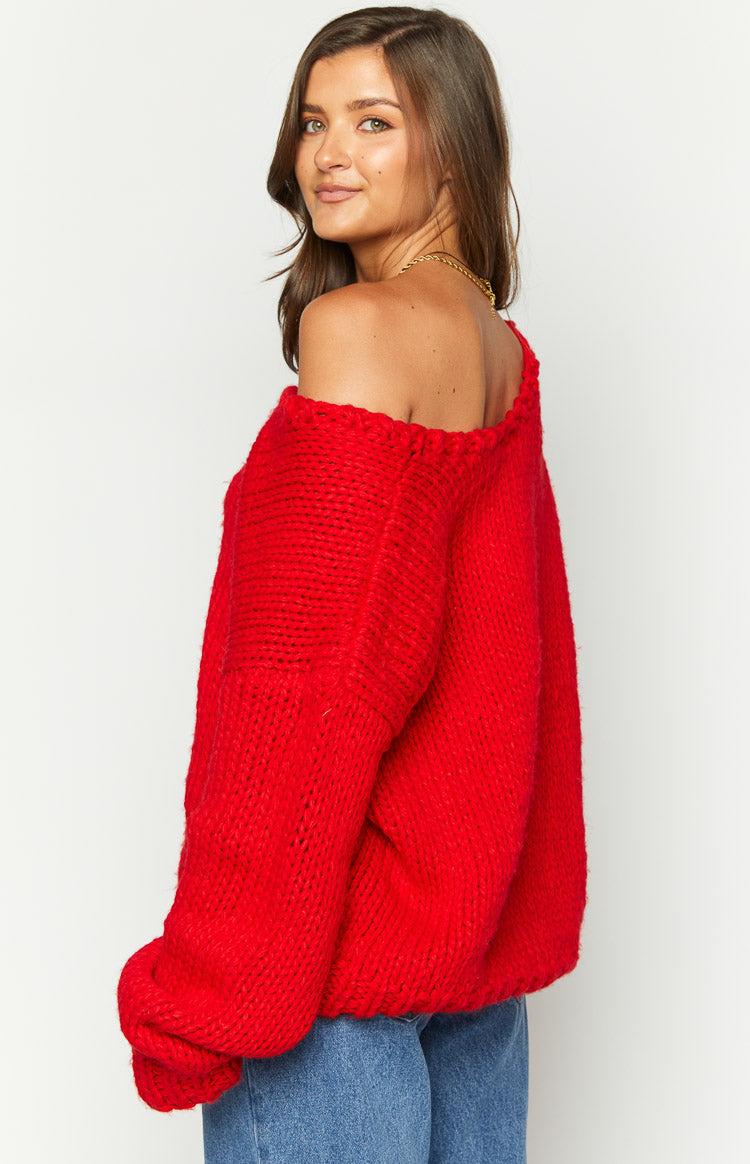 Delvey Red Chunky Knit Sweater Product Image