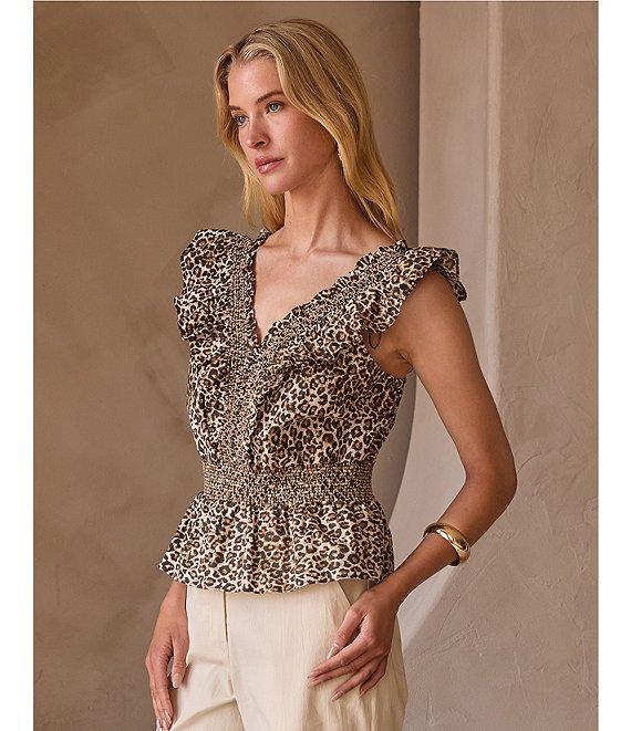 Skies Are Blue Leopard Poplin V-Neck Ruffle Cap Sleeve Smocked Peplum Top Product Image