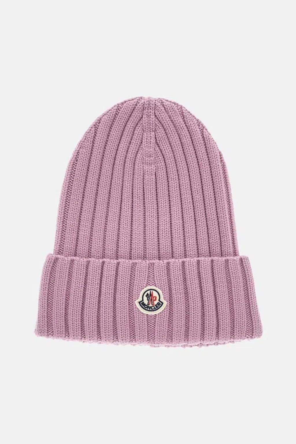 MONCLER Logo Patch Rib Wool Beanie In Purple Product Image