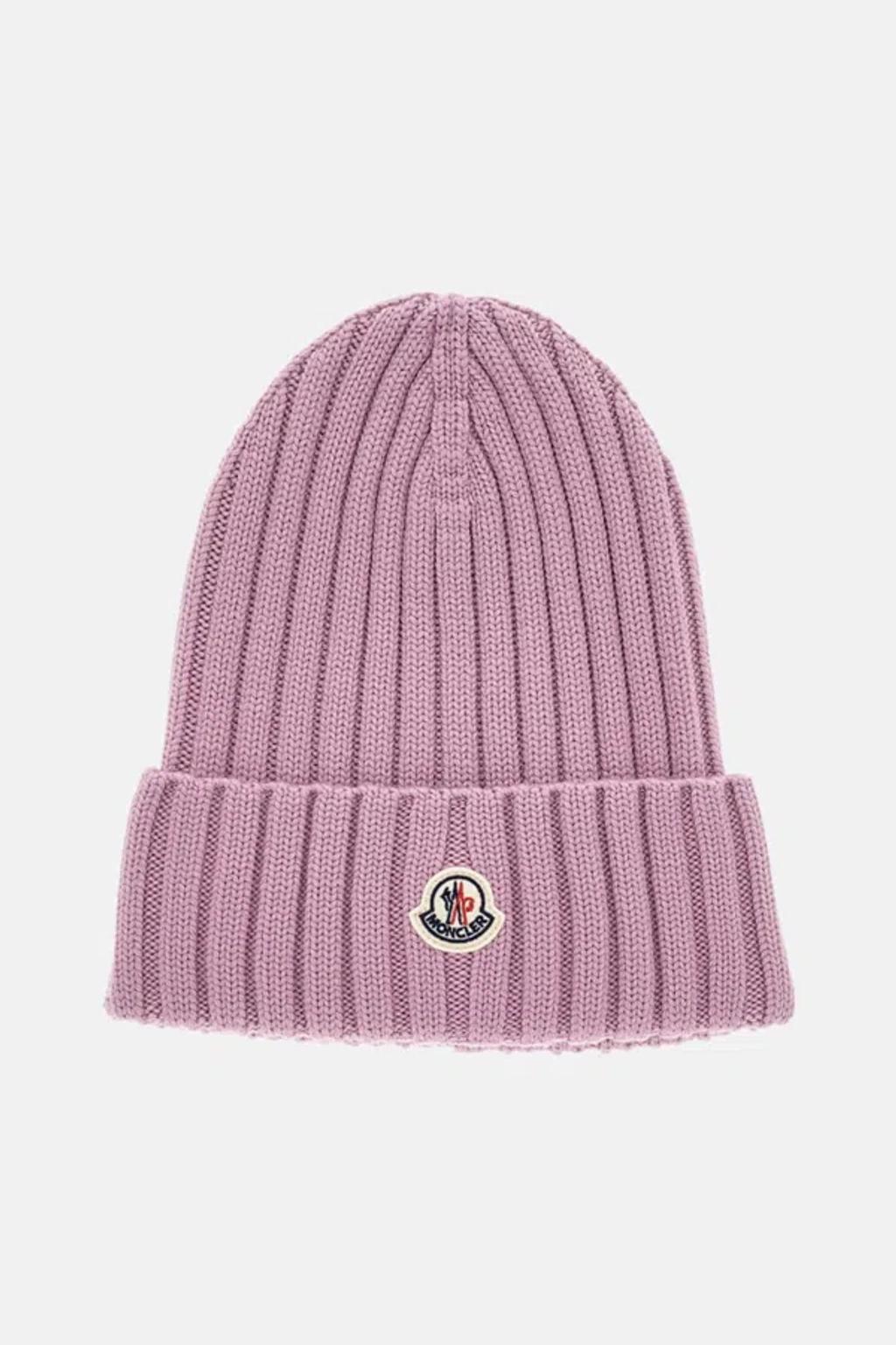 MONCLER Logo Patch Rib Wool Beanie In Purple Product Image