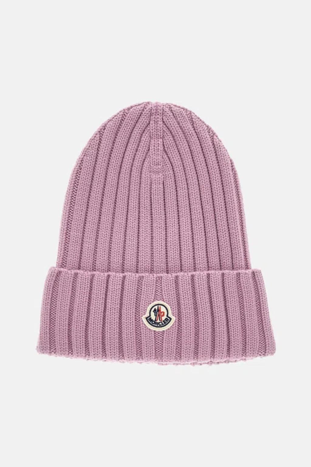 MONCLER Logo Patch Rib Wool Beanie In Purple Product Image
