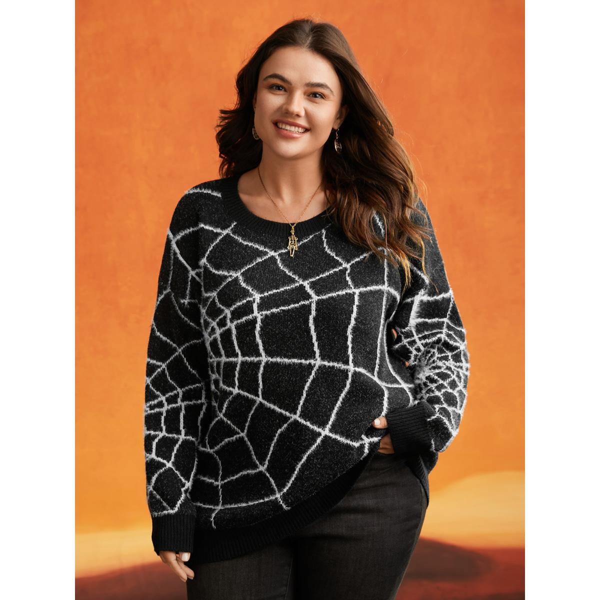 Plus Size Textured Spider Web Crew Neck Pullover Black Women Casual Long Sleeve Round Neck Everyday Pullovers BloomChic 26/4X Product Image