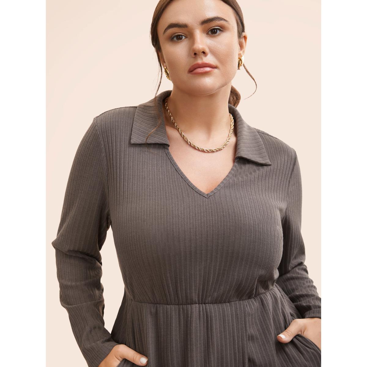 Plus Size Knitted Stretch Woven Wrap Midi Dress DimGray Women At the Office Texture Shirt collar Long Sleeve Curvy BloomChic 18-20/2X Product Image
