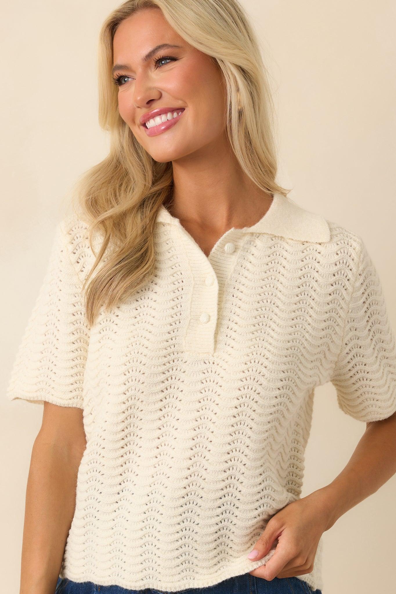 Left It At That Ivory Scalloped Pointelle Knit Short Sleeve Sweater Product Image