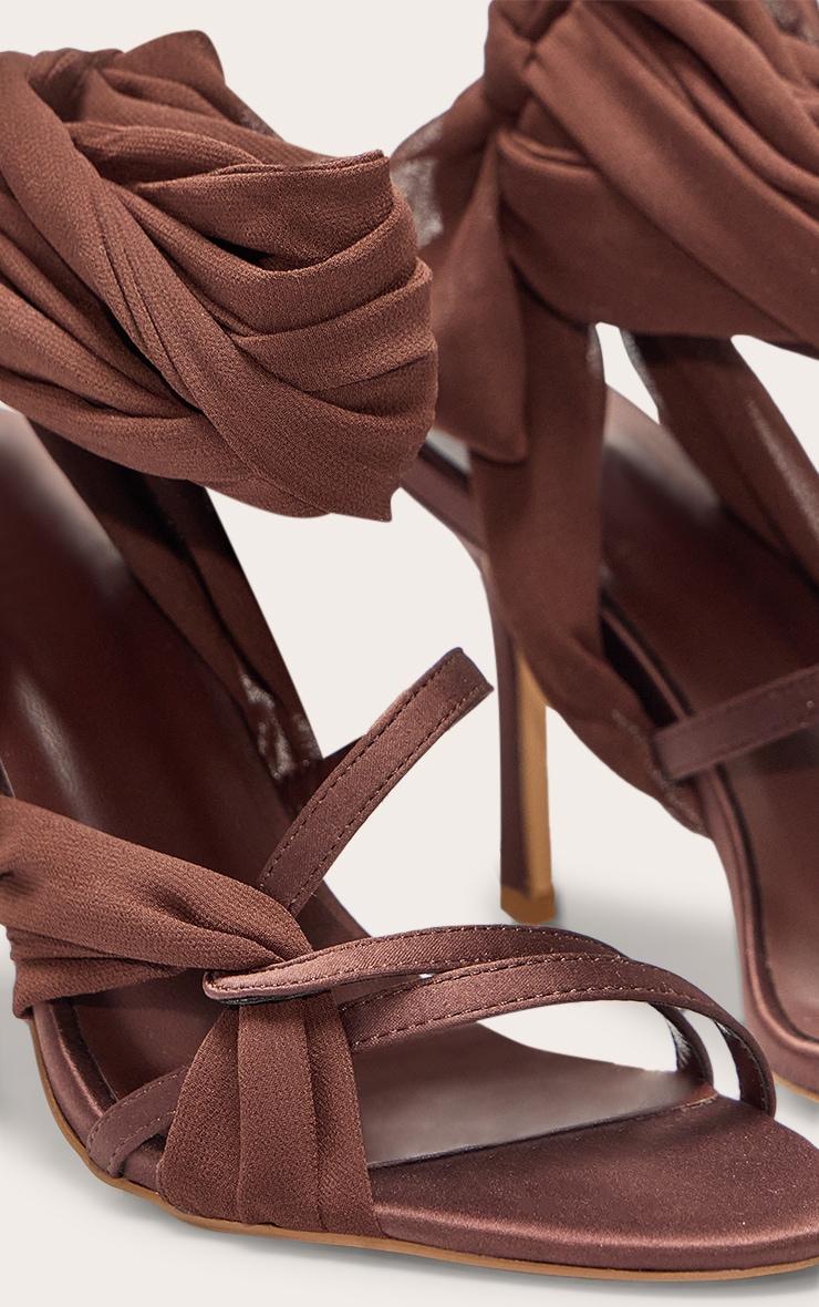 Chocolate Satin Round Toe Lace Up Ribbon High Heel Sandals Product Image