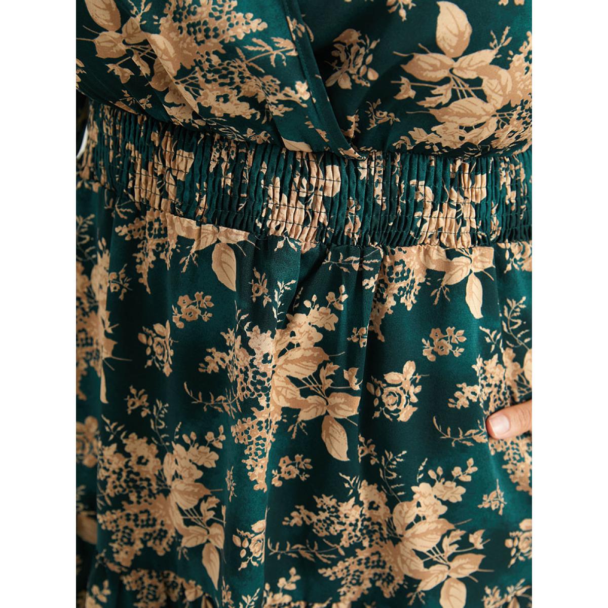 Plus Size Silhouette Floral Print Surplice Neck Shirred Dress Cyan Women Elegant Elastic cuffs V-neck Long Sleeve Curvy Midi Dress BloomChic 14-16/1X Product Image