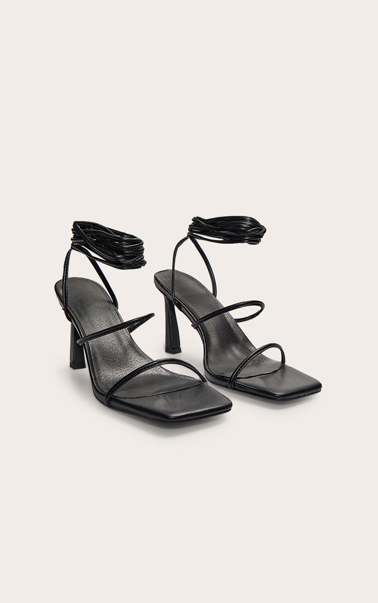 Black Pu Square Toe Strappy Lace Up Mid Stiletto Heeled Sandals Product Image
