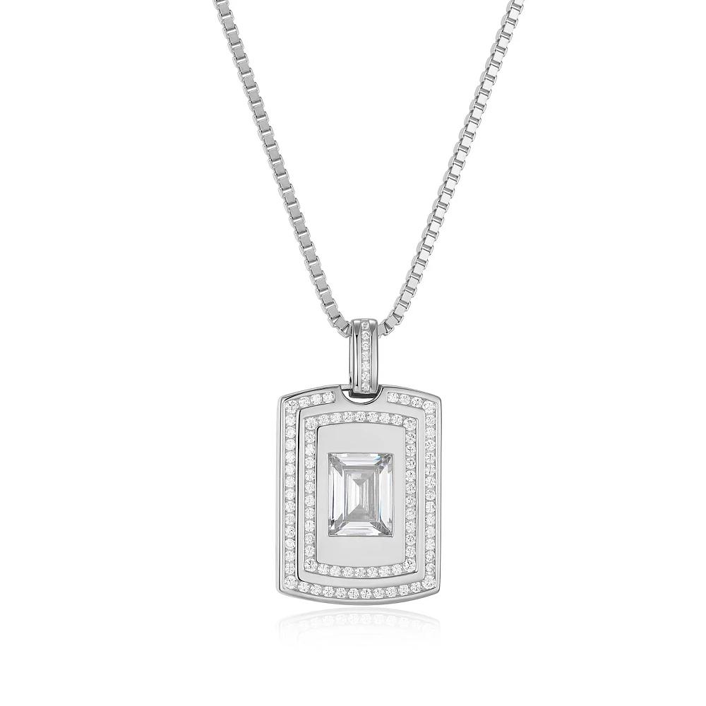 Men's Sterling Silver Double Row Cubic Zirconia Dog Tag Pendant Necklace, Size: 22" Product Image