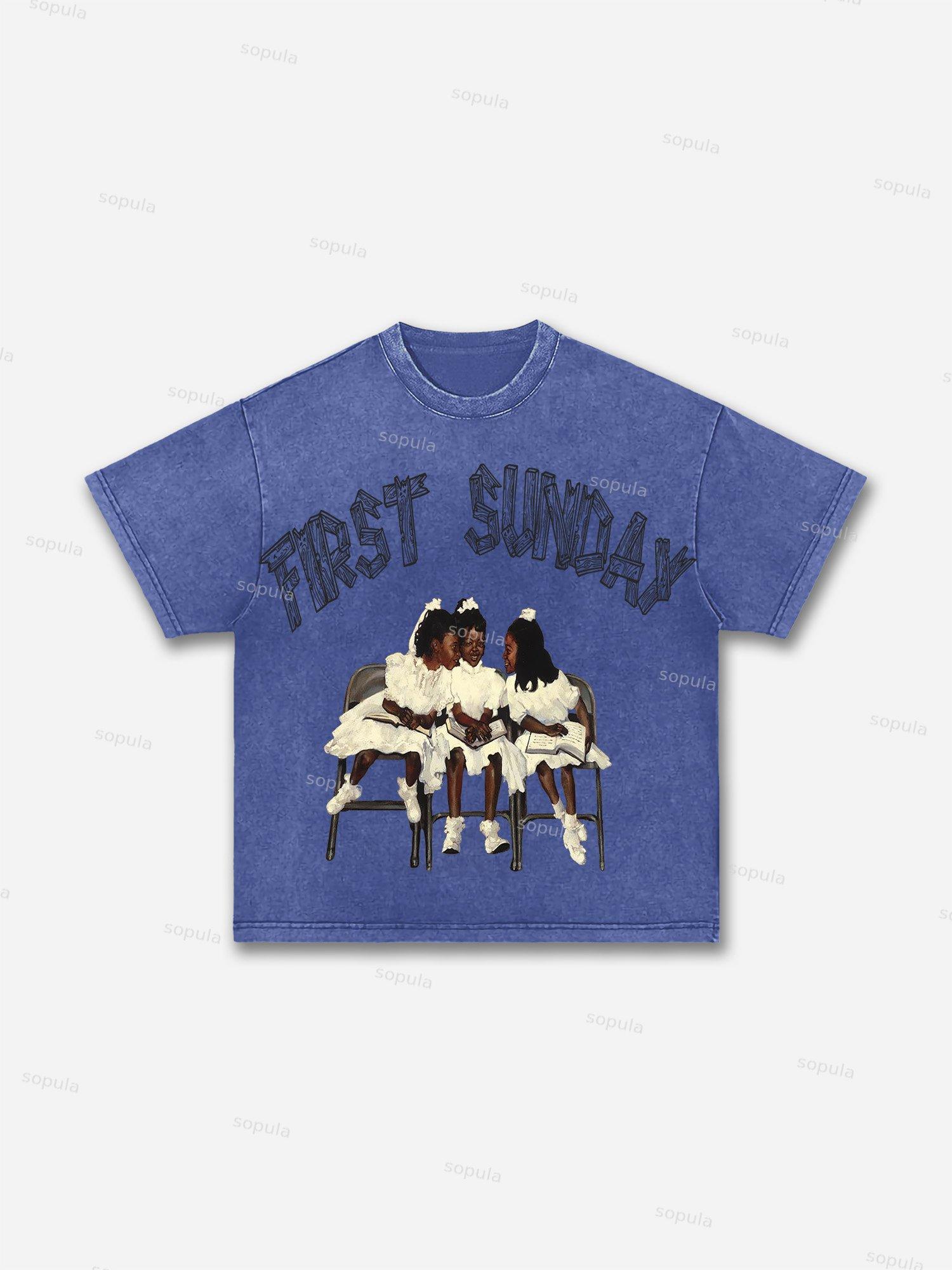 First Sunday Retro Graphic Print Acid Washed T-Shirt Product Image