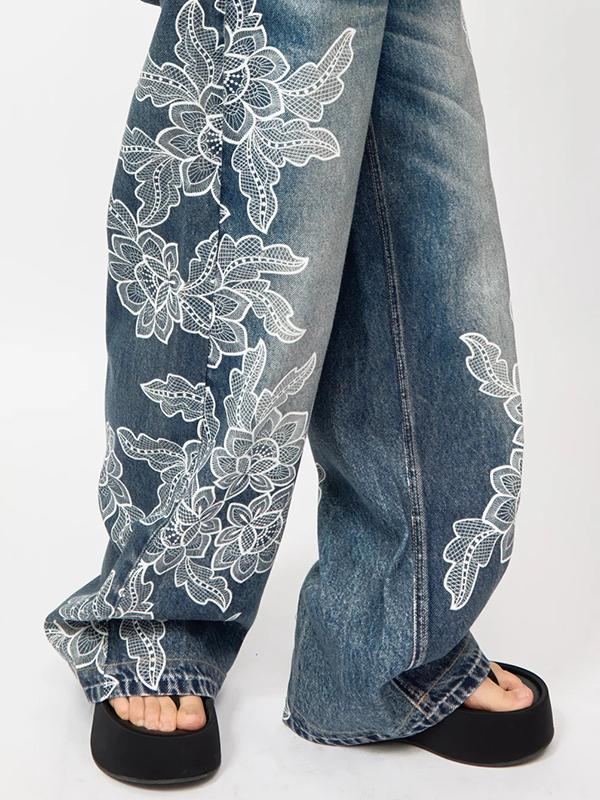 Side-Seam Faux 3D Lace Print Washed Jeans Product Image