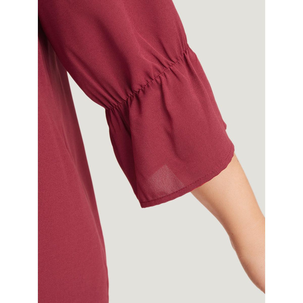 Plus Size Burgundy Plain Embroidered Lace Up Bell Sleeve Blouse Women Vacation Elbow-length sleeve V-neck Dailywear Blouses BloomChic 18-20/2X Product Image