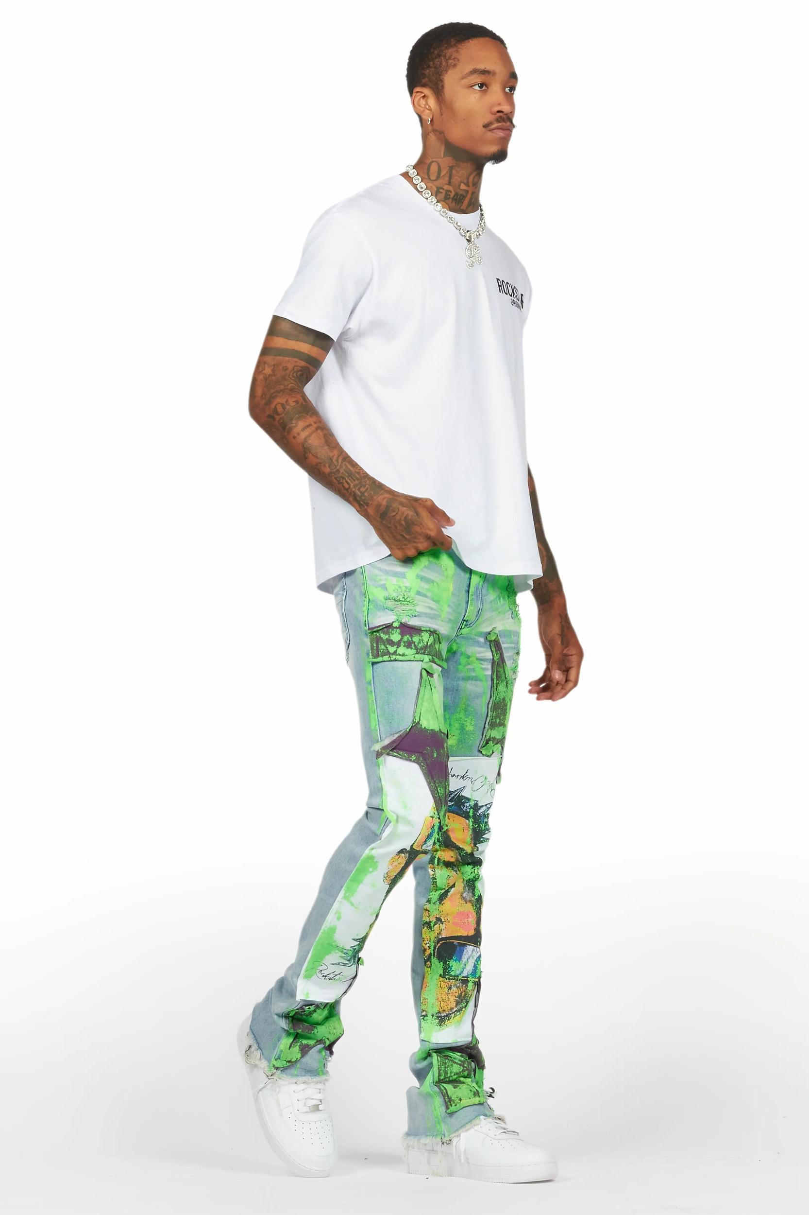 Savier Blue/Green Roller Paint Stacked Flare Jean Male Product Image