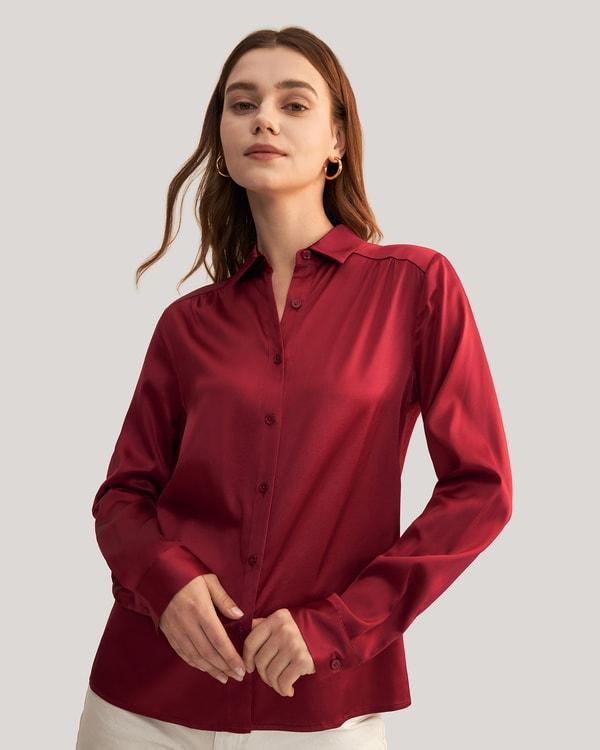 Long Sleeves Collared Silk Blouse Product Image