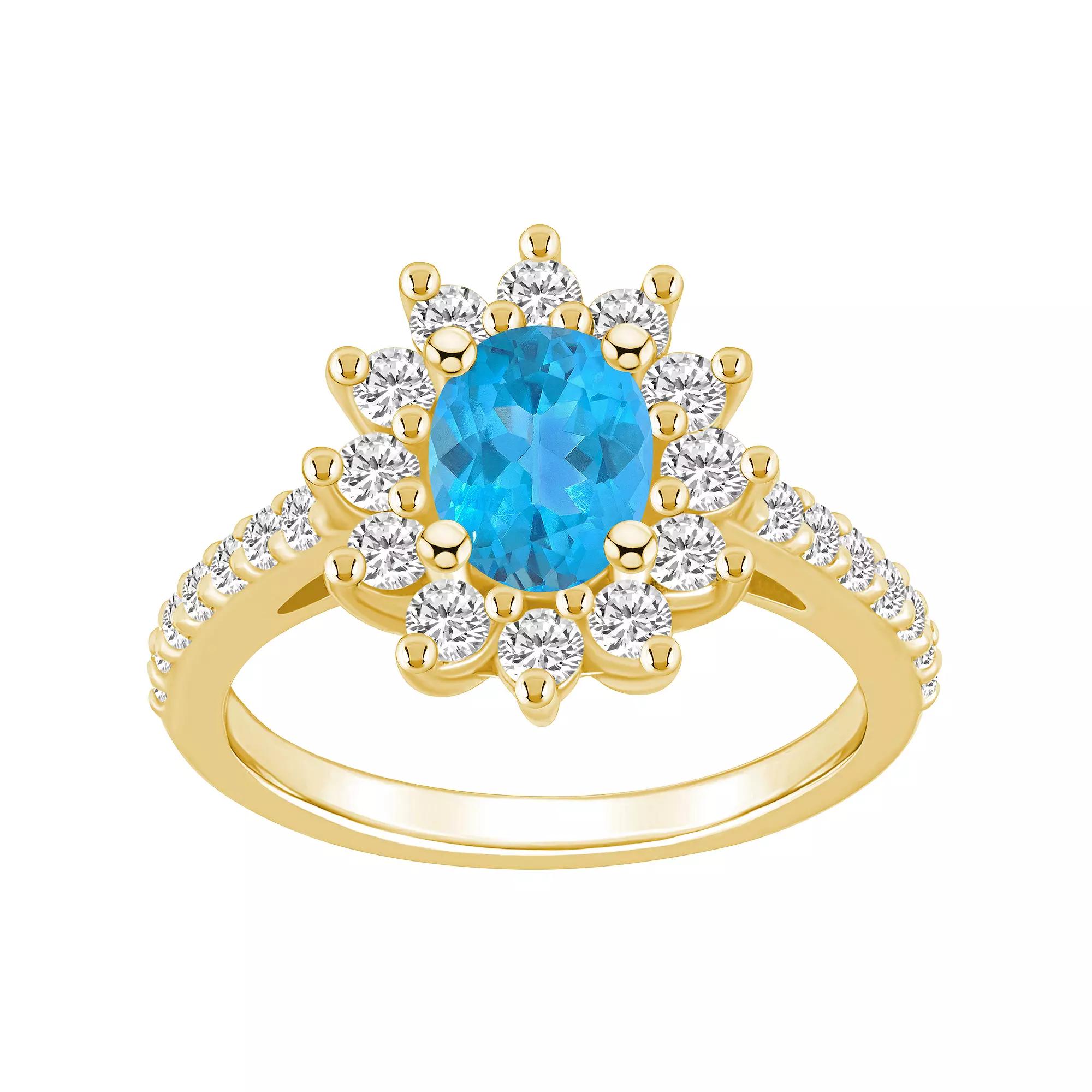 Alyson Layne 14k Gold Oval Cut Blue Topaz & 7/8 Carat T.W. Diamond Halo Ring, Women's, Size: 10 Product Image