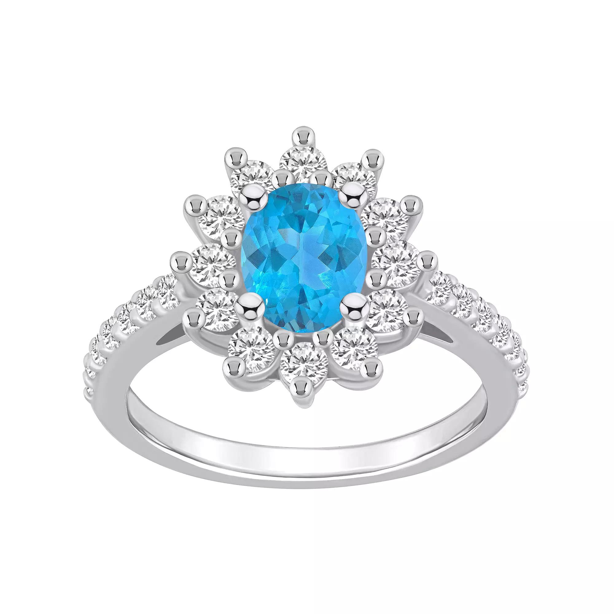 Alyson Layne 14k White Gold Oval Cut Blue Topaz & 7/8 Carat T.W. Diamond Halo Ring, Women's Product Image