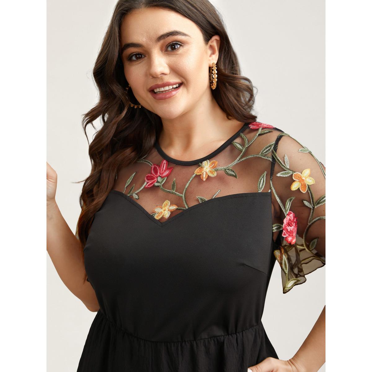Plus Size Black Floral Mesh Embroidered Flared Jumpsuit Women Elegant Short sleeve Round Neck Everyday-Elegant Loose Jumpsuits BloomChic 10/M Product Image